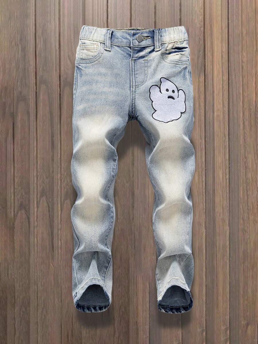 SHEIN Young Boy 中号水洗蓝色复古刺绣弹力牛仔裤 - 中等水洗藍 - 查看 1