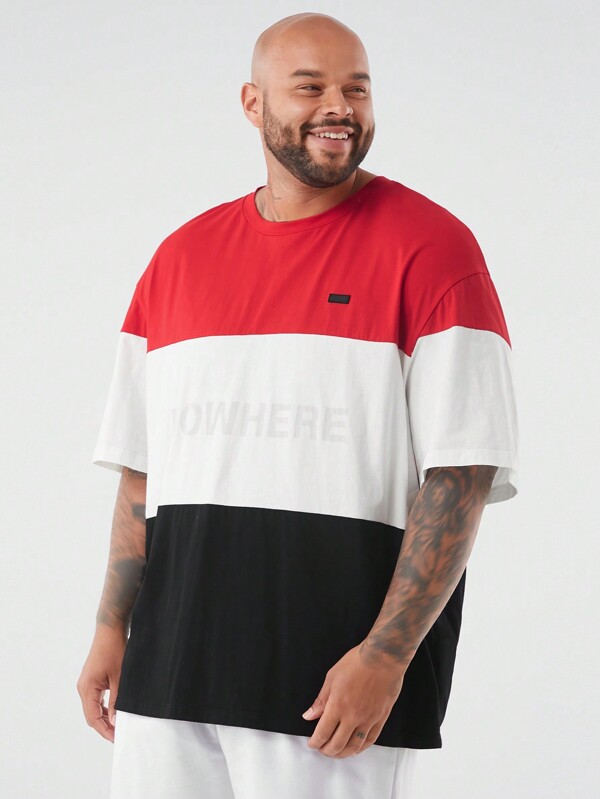 Manfinity NXTstreet Plus Size Men's Loose Fit Crew Neck Colorblock Letter Print T-Shirt