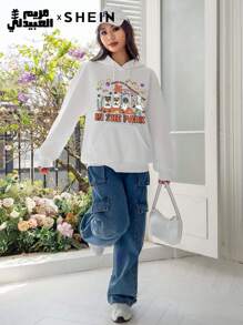 Mulvari Women's Casual Simple "IN THE PARK" Pattern Hooded Long Sleeve Loose Thickened Sweatshirt, Autumn/Winter, Casual Comfy Pullover Top Outfit