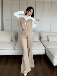 Mulvari 2pcs Women Contrast Color Zipper Front Long Sleeve Blouse And Trousers Set 2 Pieces Set - Khaki - View 5