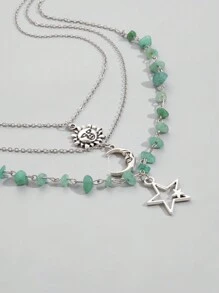 ROMWE Fairycore Bộ 3 hạt chuỗi mặt dây chuyền hình ngôi sao, mặt trăng và mặt trời đơn giản - Nhiều màu - Xem 3