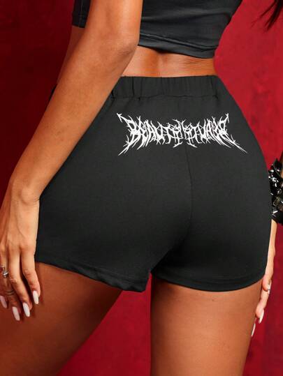 SHEIN SXY 节日派对宴会低腰系带后背印花女式超短紧身打底裤