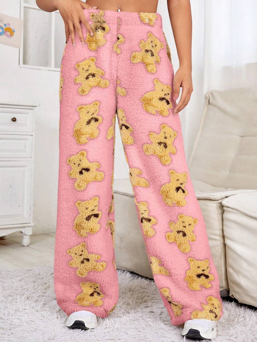 Muchica Women's Autumn/Winter Loose Bear Pattern Plush Pants - Pink - View 1