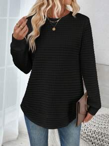 SHEIN LUNE Sudadera informal cómoda y blanca con cuello redondo a cuadros, bajo curvo y aberturas laterales, manga larga, para otoño/invierno - Negro - Ver 1