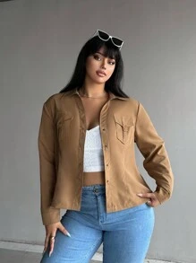 Flirla 大码纯色休闲长袖衬衫，带口袋和前开口，适合所有季节 - 駝色 - 查看 4