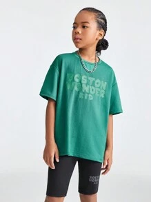 SHEIN Tween Girls' Knit Solid Color Drop Shoulder Short Sleeve T-Shirt And Shorts Casual 2pcs/Set With Letter Print Design - Green - View 7