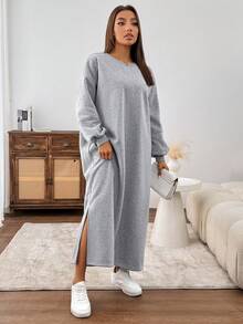 Chiquease Women Round Neck Patchwork Long Sleeve Casual Loose Sweatshirt, Grey - Grey - View 4