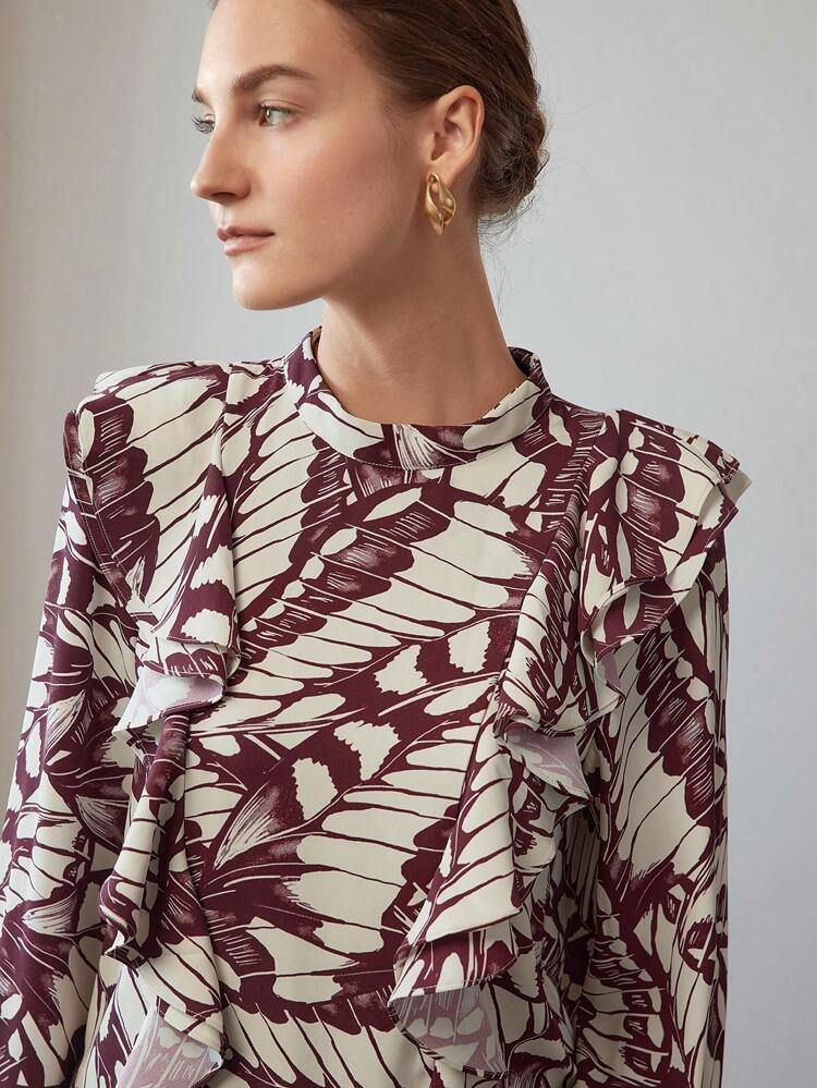 ALLOVER PRINT MOCK NECK LANTERN SLEEVE RUFFLE TRIM BLOUSE