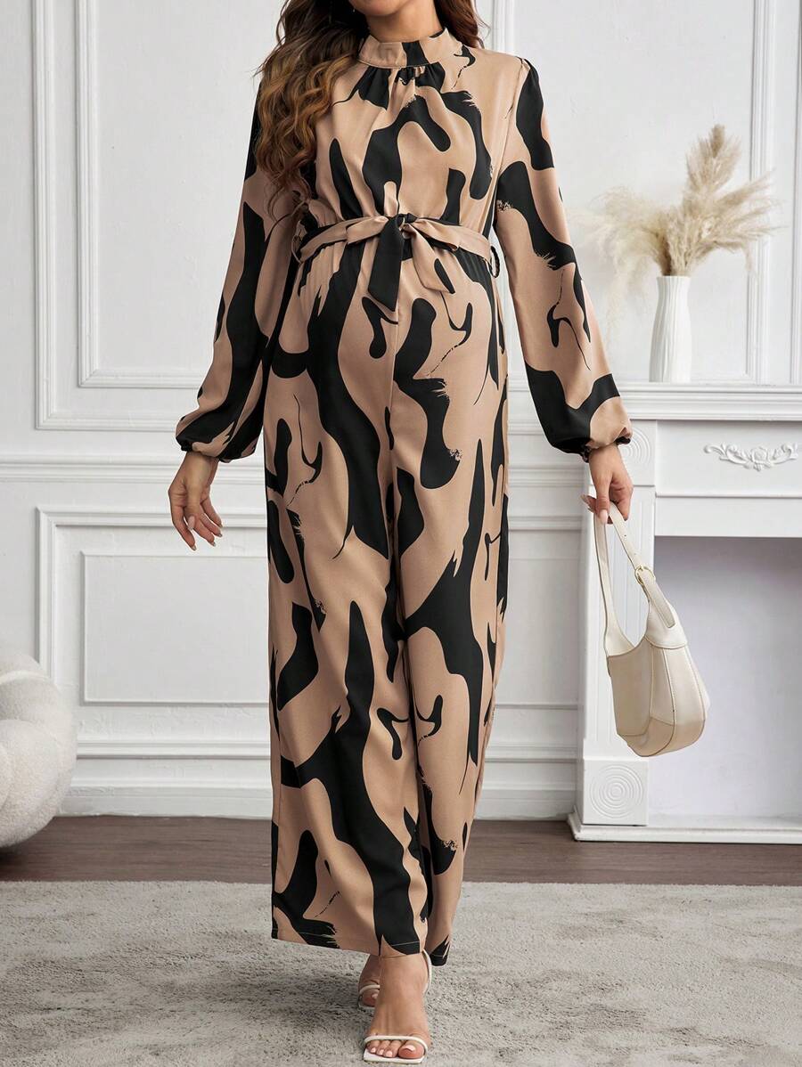 SHEIN Maternity All-Over Print Batwing Sleeve Loose Tie-Front Jumpsuit - Multicolor - View 1
