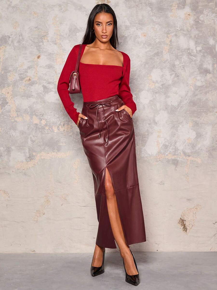 Chiquease Burgundy Women PU Faux Solid Color Leather Skirt With Slit Spring/Autumn Fall Cloth For Women - Green - View 1