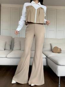 Mulvari 2pcs Women Contrast Color Zipper Front Long Sleeve Blouse And Trousers Set 2 Pieces Set - Khaki - View 3