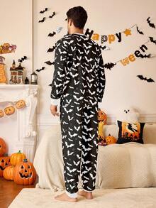 Happy Jammies 2 件男士蝙蝠印花圆领长袖上衣和裤子休闲睡衣套装，万圣节 - 黑與白 - 查看 2