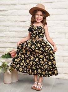SHEIN Chica Joven Top De Tirantes Con Estampado Floral & Falda Con Dobladillo Con Volantes