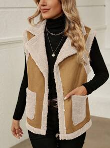 SHEIN LUNE Áo khoác vest vải chắp vá hai túi đơn giản cho nữ, mùa thu - màu nâu - Xem 6