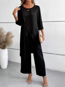 EMERY ROSE 2pcs Halloween Outfit - Black 3/4 Sleeve Shirt And Elastic Waist Pants Set - Black - View 4