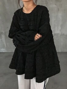 FRIFUL Áo nỉ rộng rãi họa tiết trơn màu đơn giản cho nữ, mùa thu, áo dài tay, bèo nhún - màu đen - Xem 4