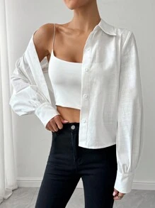 Chiquease 简约前扣褶长袖休闲衬衫，纯色 - 白色 - 查看 5