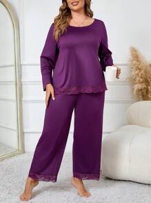 大码蕾丝拼布长袖睡衣套装