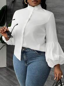 Slaydiva Versatile & Commute & Date & Party Solid White Stand Collar Long Sleeve Puff Cuff Blouse For Plus Size Women, Spring & Fall - White - View 1
