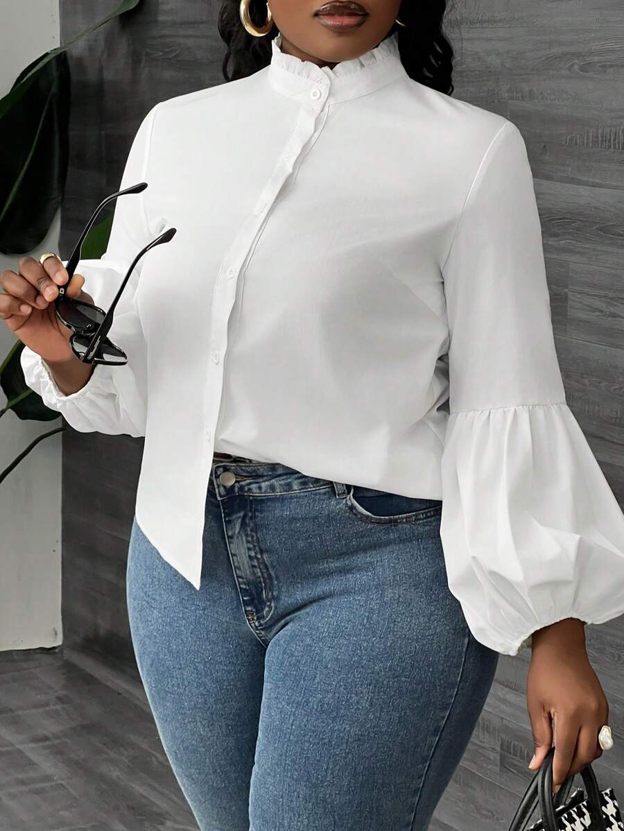 Slaydiva Versatile & Commute & Date & Party Solid White Stand Collar Long Sleeve Puff Cuff Blouse For Plus Size Women, Spring & Fall - White - View 1