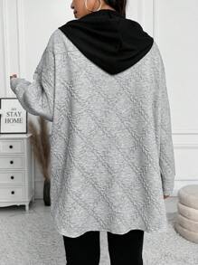 SHEIN LUNE Plus Size Textured  Contrast Hooded Casual Jacket For Outdoor & Home Wear