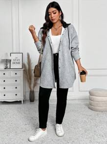 SHEIN LUNE Plus Size Textured  Contrast Hooded Casual Jacket For Outdoor & Home Wear