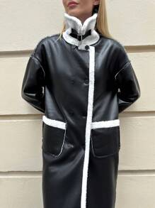 SHEIN Essnce Women's Black And White PU Leather Coat,Mid-Length Loose Lamb Fur One-Piece Long Plush Coat,Autumn Elegent Everyday American Vintage Casual Clothing - Black - View 4