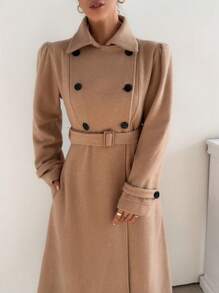 SHEIN Cottnline Women Oversize Pocket Long Sleeve Detailed Maxi Long Elegant Overcoat - Camel - View 5