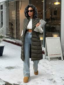 EURMUSE Fur And Zipper Added Padded Long Vest - Army Green - View 7