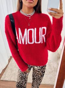 Chiquease Women Red Round Neck Long Sleeve Letter Pattern Sweater, Knit Pullover Fall Winter - Red - View 4