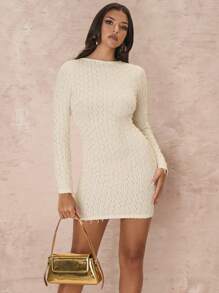 SHEIN X  Ignacia Antonia Zolique Vestido mini sexy de fiesta con espalda abierta para mujer, de manga larga, cuello redondo, unicolor, ajustado al Body, de otoño - Albaricoque - Ver 8