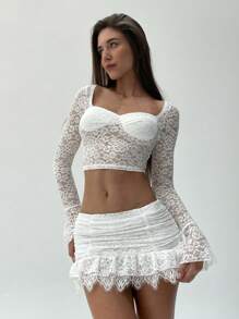 Aloruh 2er Set: Einfarbige Bluse mit Herzausschnitt und Langarm, Spitze, minimalistisch und A-Linie Rock, Lässig - Weiss - Übersicht 7