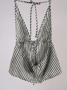 SHEIN Unity 女士夏季休闲条纹挂脖式裹身背心图案 T 恤女士上衣 - 黑與白 - 查看 2