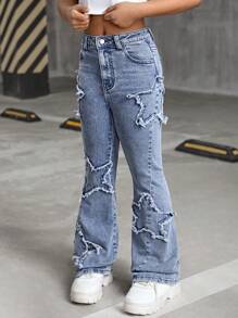 SHEIN Jeans acampanados de denim con patrón de estrellas lavado a piedra y deshilachados para niñas preadolescentes, conjunto de ropa de otoño y atuendos de homecoming para niñas preadolescentes