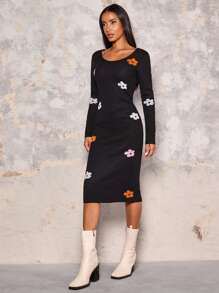 Glamine Women's Ditsy Floral Crew Neck Long Sleeve Sweater Dress