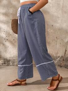 EMERY ROSE Plus Size Women's Vacation Waist-Tied Herringbone Print Pocket Wide Leg Loose Casual Pants Fall Cloth For Women - Blue - View 7