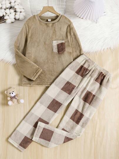 1Set Tween Boys Contrast Color Pocket Plaid Long Sleeve Pajamas Set, Autumn & Winter