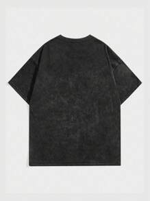 ROMWE MEN Street Life Men's Chafed Acid-Washed T-Shirt With Character & Slogan Design, School - Black - View 2