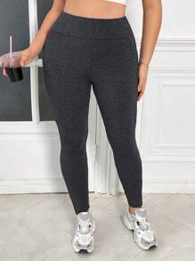 SHEIN EZwear 大码女式纯色高腰口袋紧身休闲紧身裤 - 深灰色 - 查看 4