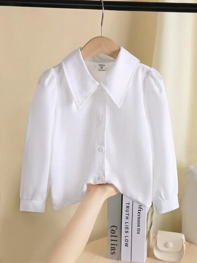 SHEIN Genkimix Kids Young Girl Elegant Minimal Turn-Down Collar Puff Sleeve Fitted Solid Color Blouse, Spring Autumn Versatile Top