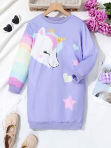 SHEIN Sparklyn Tween Girl Casual Cute Unicorn Print Sweatshirt Autumn Fall - Purple - View 3