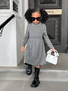 SHEIN 适合年轻女孩的纯色立领镶有宝石的针织毛衣裙 - 深灰色 - 查看 5