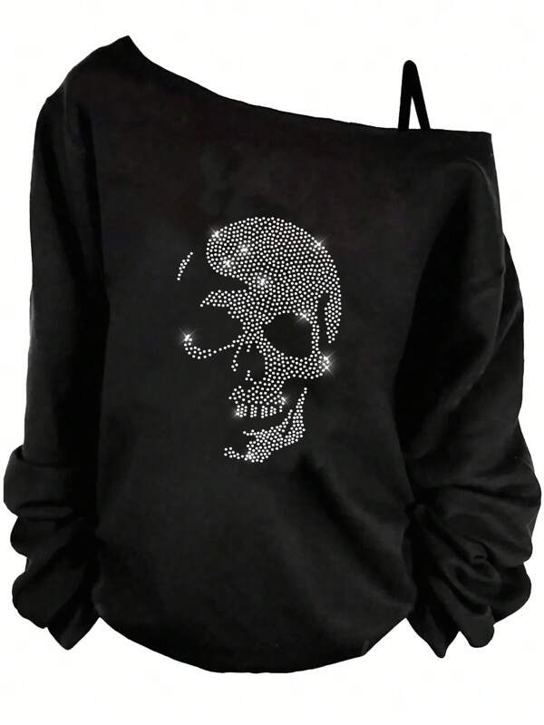EMERY ROSE Plus Size Women Casual Rhinestone Skull Print Black Loose Long Sleeve T-Shirt, Suitable For Spring And Autumn Pullover