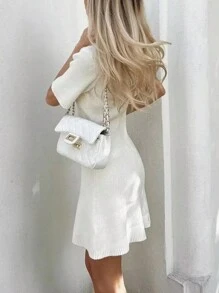 INAWLY Women's Solid Color Front Button Short Sleeve Faux Pocket Minimalist Casual Mini Dress