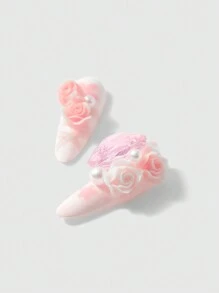 ROMWE Kawaii 10 件装杏仁形柔和粉红玫瑰蝴蝶结花卉可重复使用按压式指甲带果冻凝胶，DIY - 彩色 - 查看 4