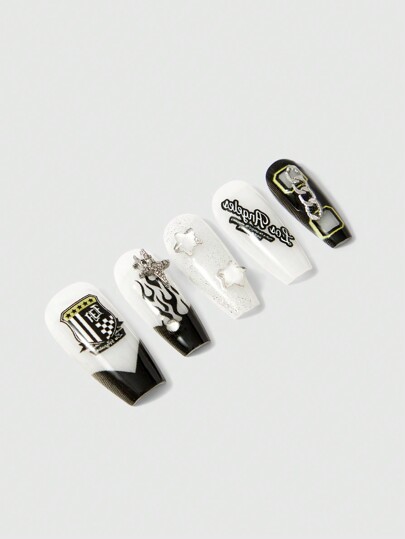 10pcs Long Artificial Nails, Handmade & Reusable, With Jelly Glue Included