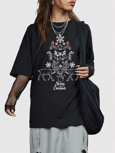 Camiseta de manga corta con estampado minimalista de renos navideños