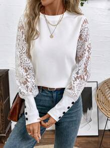 SHEIN LUNE Plus Size Kobiety Wiosna Jesień Okrągły Dekolt Kontrast Koronka Długi Rękaw Elegancka Bluzka Kobiety Topy Biały Top Biznesowy Casual Kobieta Impreza Odzież Cekinowy Strój Świąteczny