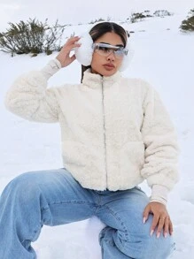 SHEIN SXY Sudadera holgada con capucha de peluche de cuello alto y manga raglán cálida para el invierno nevado y frío para mujeres - Blanco - Ver 1