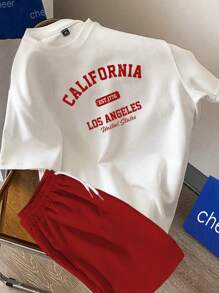 Manfinity Joysei Men's Summer Letter Print Round Neck Short Sleeve Casual T-Shirt And Drawstring Waist Shorts Set,Back To School - Multicolor - View 1